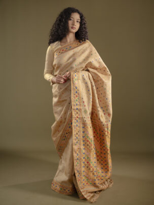 Pure Muga Silk Saree With Zari And Thread Motifs