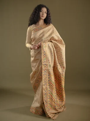 Pure Muga Silk Saree With Zari And Thread Motifs