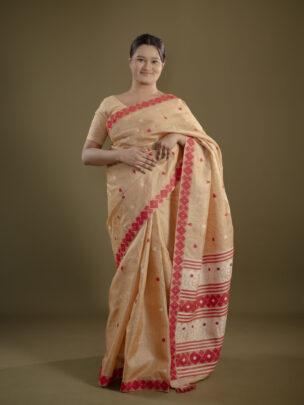 Tussar Silk Saree With White And Red Motifs