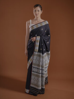 Black Eri Silk Saree With Interwoven Border