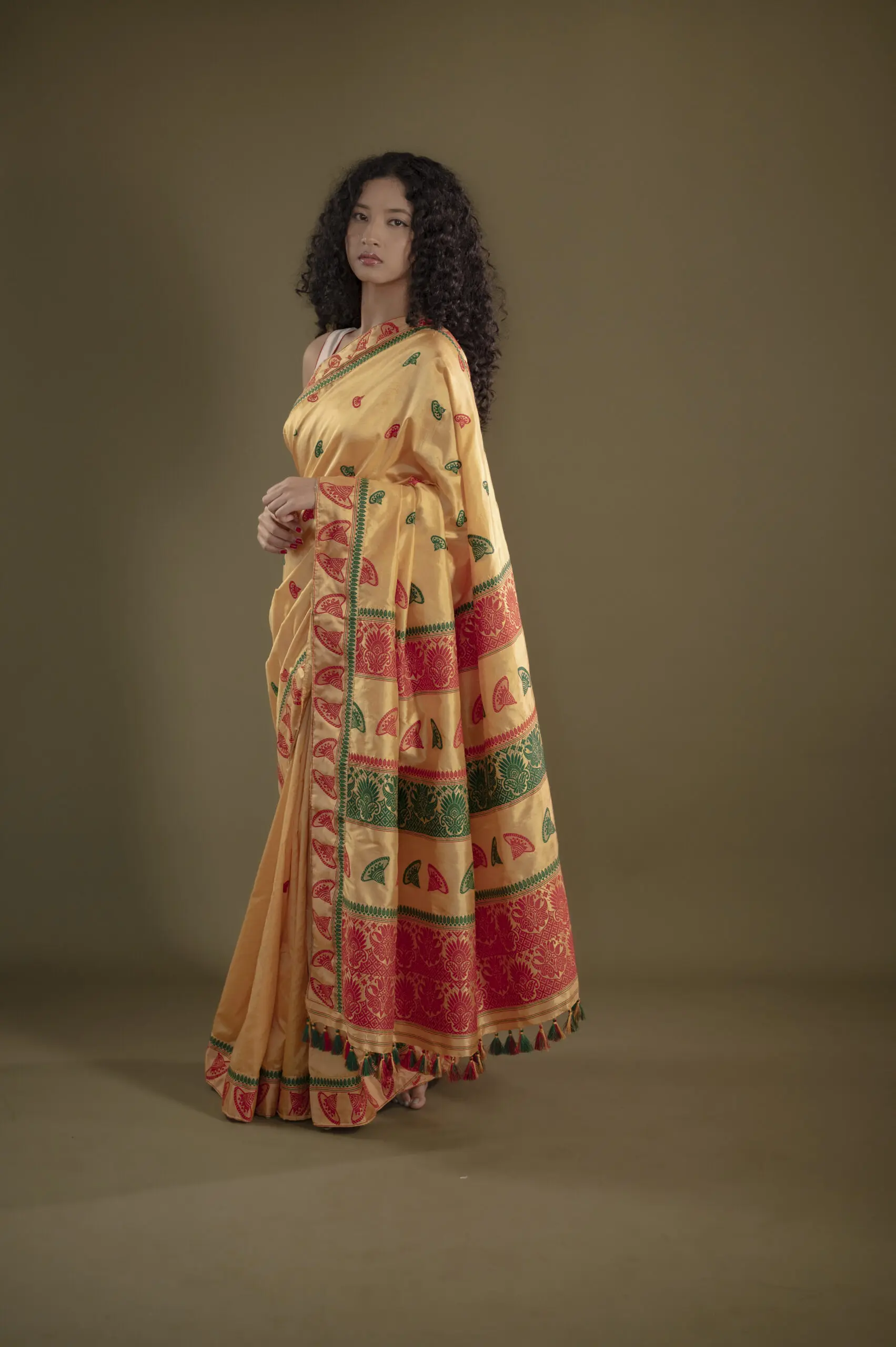 muga mulberry Assam Silk Saree With Red And Green Jhapi Motifs