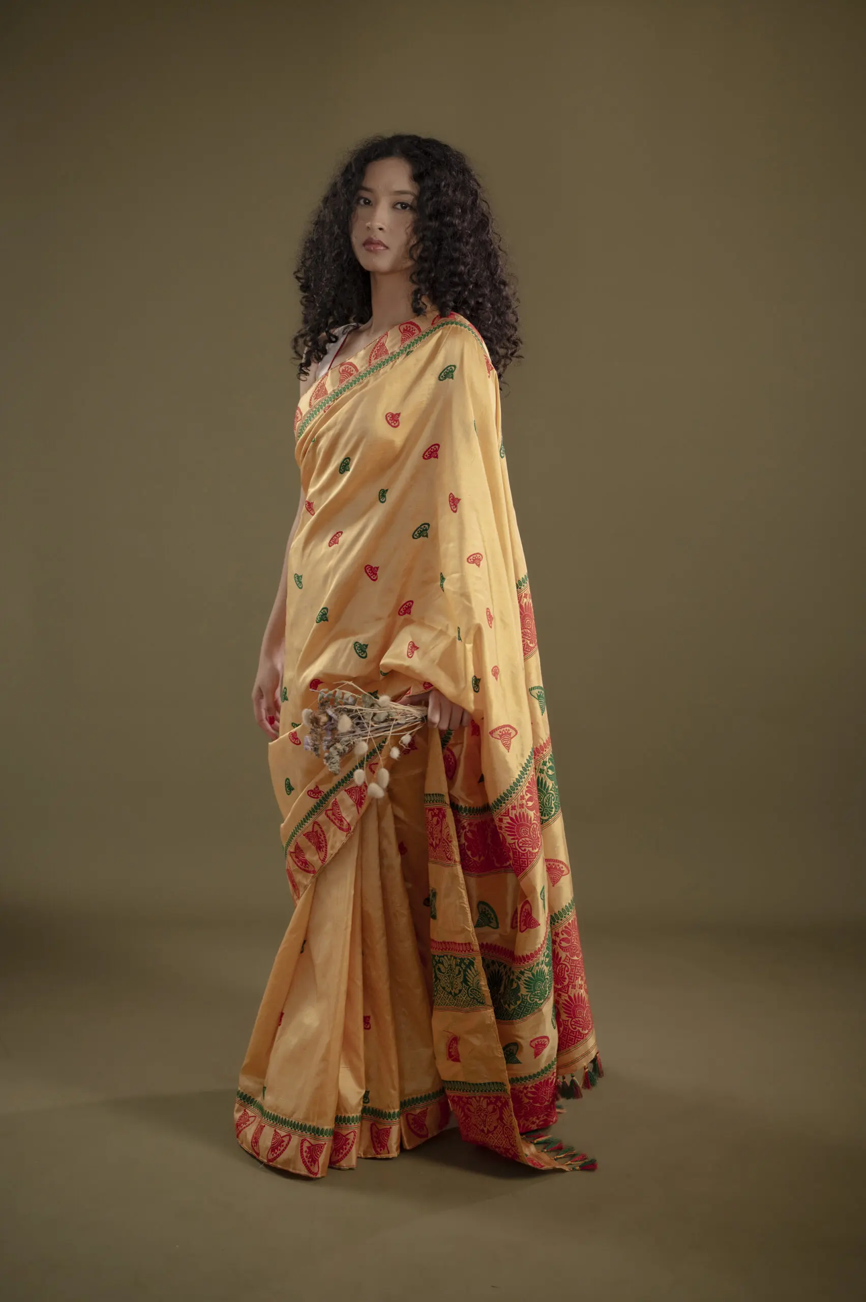 muga mulberry Assam Silk Saree With Red And Green Jhapi Motifs - Image 6