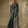 Bottle Green Assam Silk Saree With white Meena Motifs
