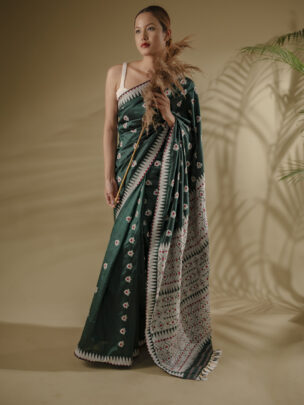Bottle Green Assam Silk Saree With white Meena Motifs
