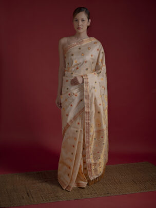 Tussar Assam Silk Saree With Zari And Multicoloured Meena Motifs