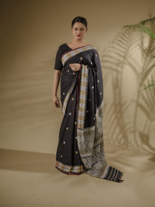 Black Eri Silk Saree With Interwoven Border