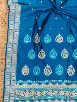 Peacock Blue Mulberry Paat Assam Silk Saree With Interwoven Border | Mayurisilk