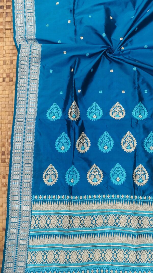Peacock Blue Mulberry Paat Assam Silk Saree With Interwoven Border | Mayurisilk