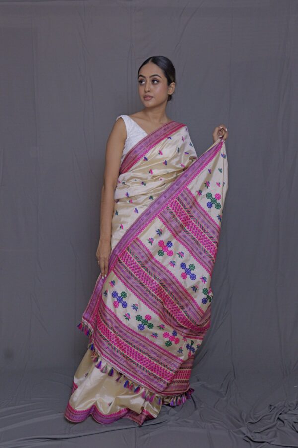 BEIGE TUSSAR THREAD WORK  ASSAM SILK SAREE MULTICOLOR MOTIFS | MAYURISILK