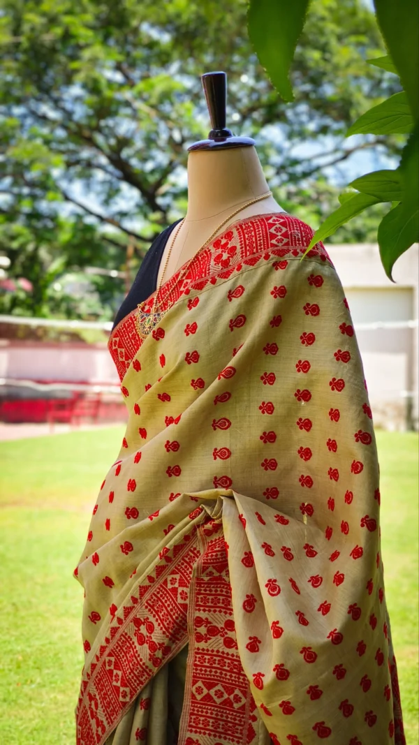 Pure Muga Assam Silk Saree With Red Motifs - Image 3