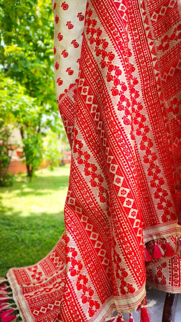 Pure Muga Assam Silk Saree With Red Motifs - Image 6