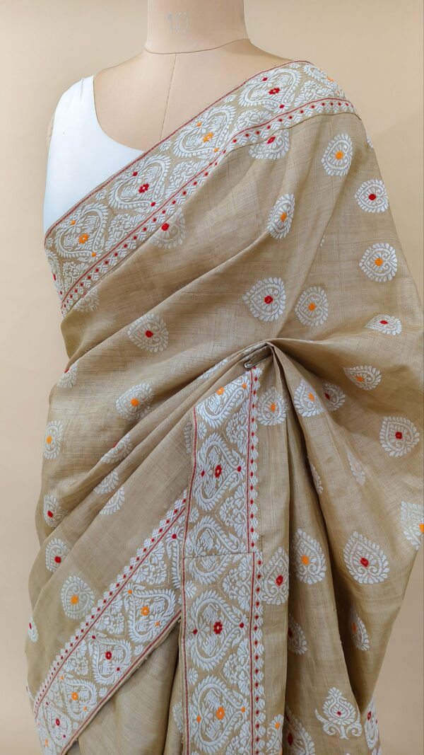 Pure Muga Assam Silk Saree With White Motifs - Image 6