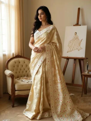 Pure Muga Assam Silk Saree With White Motifs