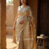 Pure Muga Assam Silk Saree With White Motifs Beige