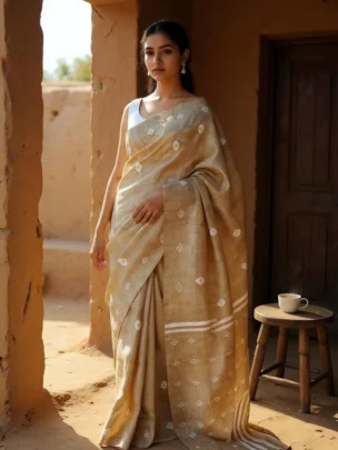 Pure Muga Assam Silk Saree With White Motifs Beige