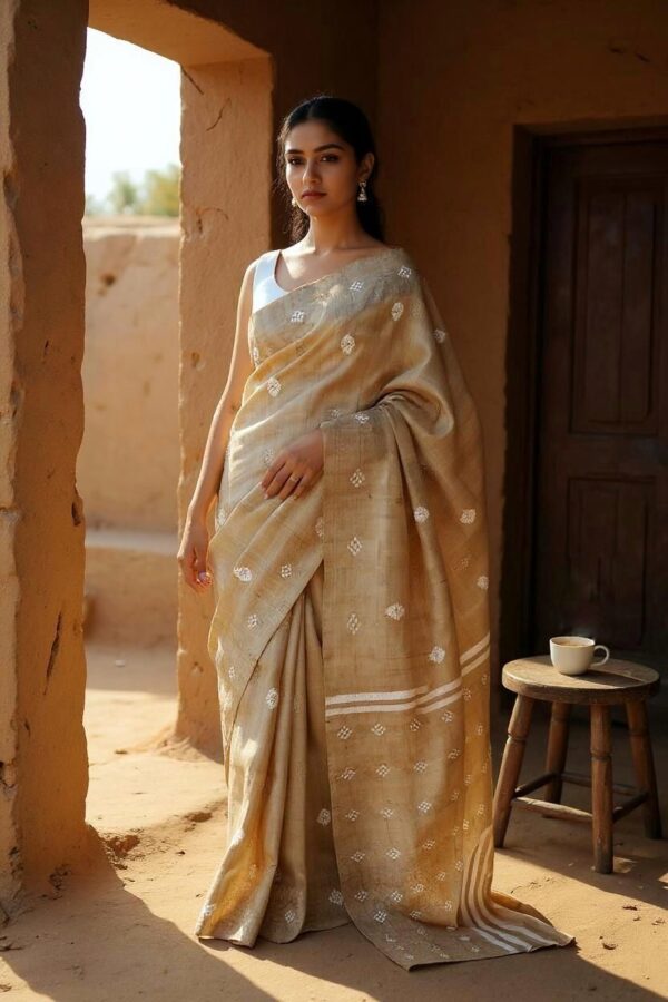 Pure Muga Assam Silk Saree With White Motifs Beige