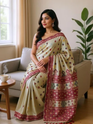 PURE MUGA ASSAM SILK SAREE BEIGE MAYURISILK