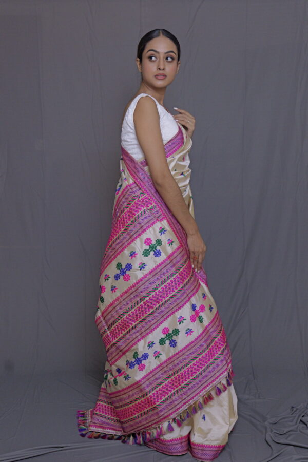 BEIGE TUSSAR THREAD WORK  ASSAM SILK SAREE MULTICOLOR MOTIFS | MAYURISILK - Image 4