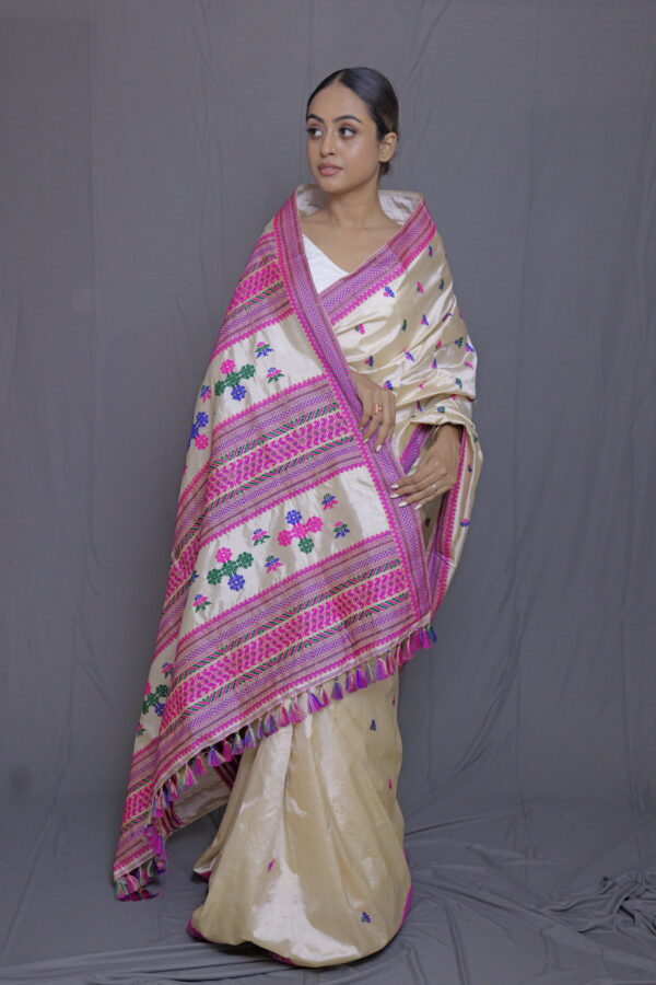 BEIGE TUSSAR THREAD WORK  ASSAM SILK SAREE MULTICOLOR MOTIFS | MAYURISILK - Image 3