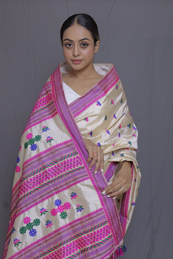 BEIGE TUSSAR THREAD WORK  ASSAM SILK SAREE MULTICOLOR MOTIFS | MAYURISILK - Image 2