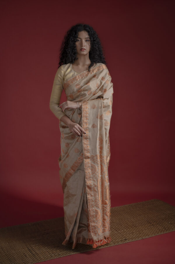 BEIGE MUGA COPPER ZARI ASSAM SILK SAREE | MAYURISILK