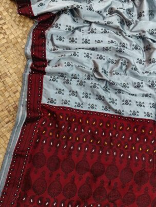 Grey Pure Mulberry Thread Work Assam Silk Saree