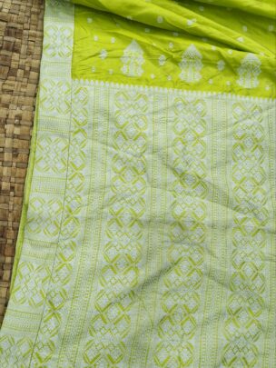 Olive Green Pure Mulberry Thread Work Assam Silk Saree