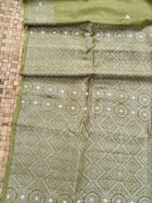 Sage Green Eri By Eri Thread Work Interwoven Assam Silk Saree