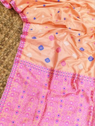 Coral Pure Mulberry Silk Thread Work Assam Silk Saree