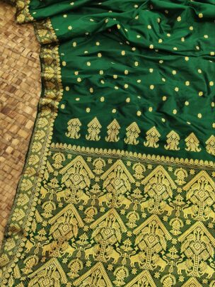 Dark Green Pure Mulberry Silk Thread Work Assam Silk Saree
