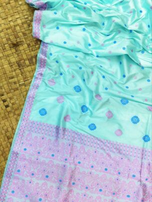 Sky Blue Pure Mulberry Silk Thread Work Assam Silk Saree