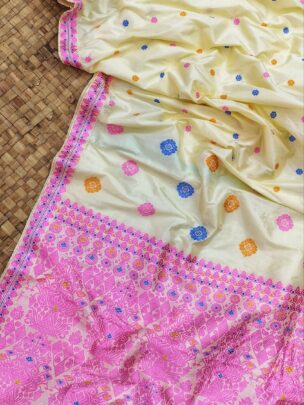CREAM Off White Pure Mulberry Silk Thread Work Assam Silk Saree