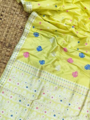 Yellow Pure Mulberry Silk Thread Work Assam Silk Saree