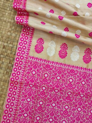 Pure Tussar By Tussar Silk Thread Work Assam Silk Saree with Pink And White Motifs