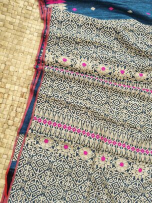 Blue Pure Eri By Eri Silk With Muga Ghisa Work Assam Silk Saree