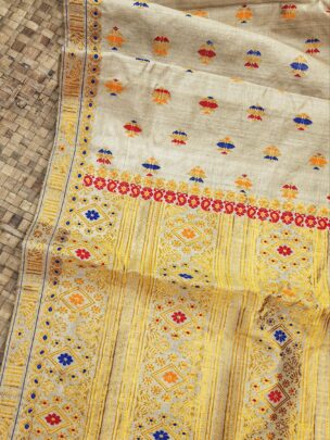 Pure Muga Silk Saree With Golden Zari And Thread Work Assam Silk Saree