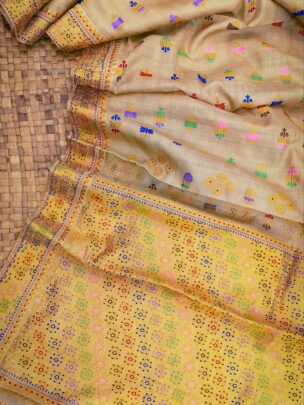 Pure Muga Golden Zari And Multicolour Motifs Thread Work Assam Silk Saree
