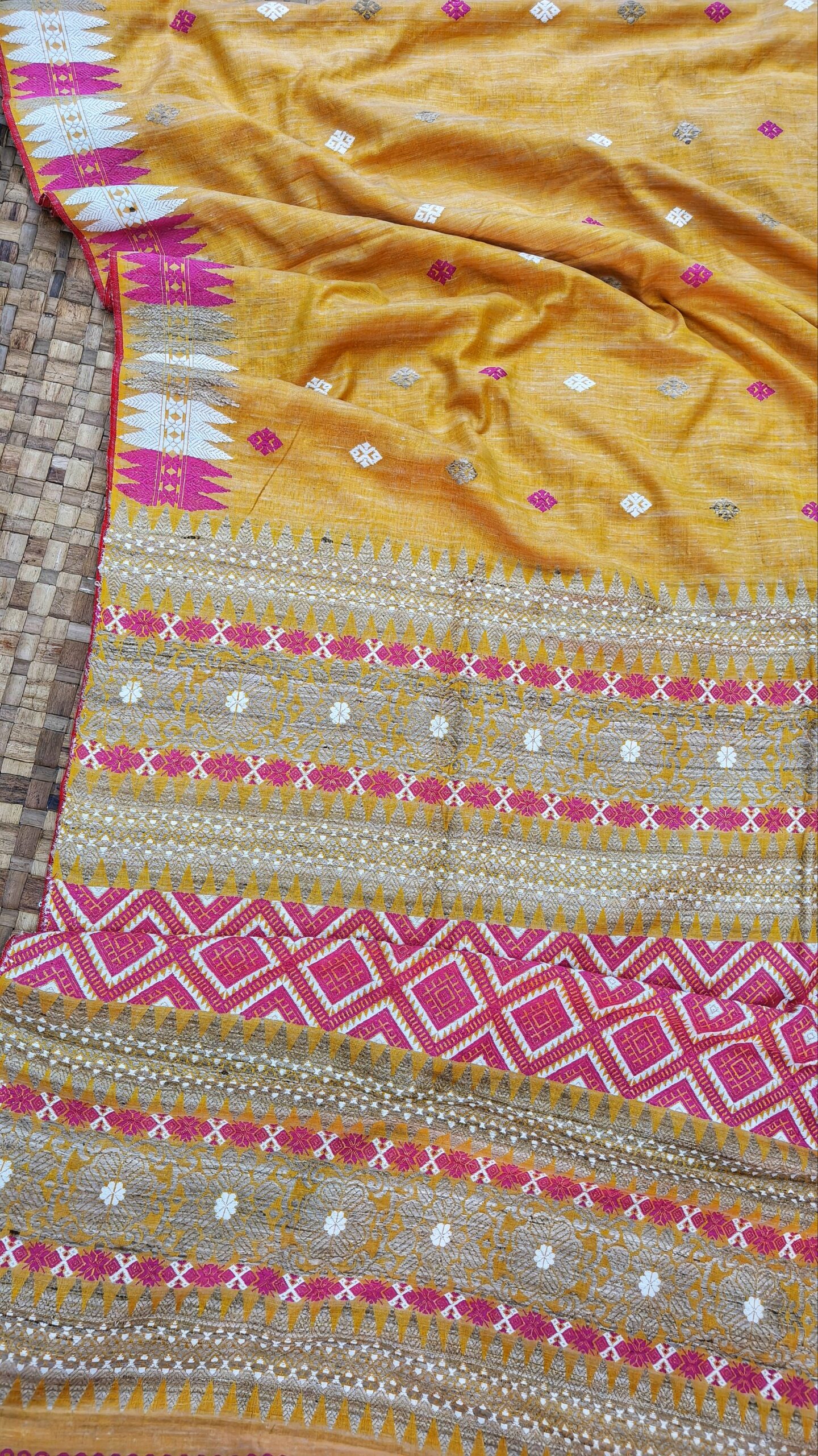 Mustard Yellow Pure Eri By Eri With Muga Ghisa Work Interwoven Assam Silk Saree