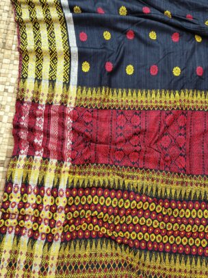 Black Pure Eri By Eri Thread Work Big Border Interwoven Assam Silk Saree