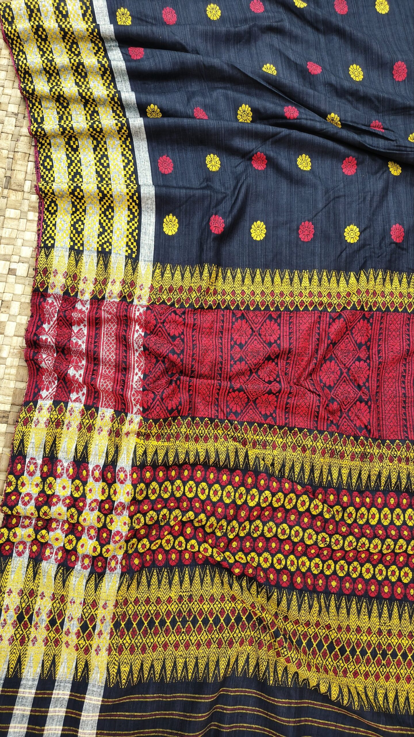 Black Pure Eri By Eri Thread Work Big Border Interwoven Assam Silk Saree