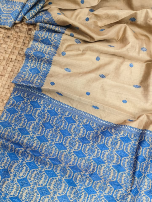 Blue Pure Muga Thread Work Interwoven Assam Silk Saree