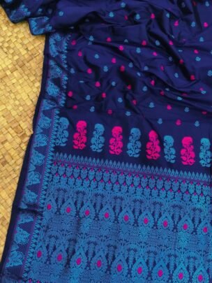 Dark Blue Pure Mulberry Thread Work Assam Silk Saree