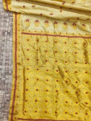 Golden Pure Mulberry Silk Thread Work With Golden Zari Assam Silk Saree