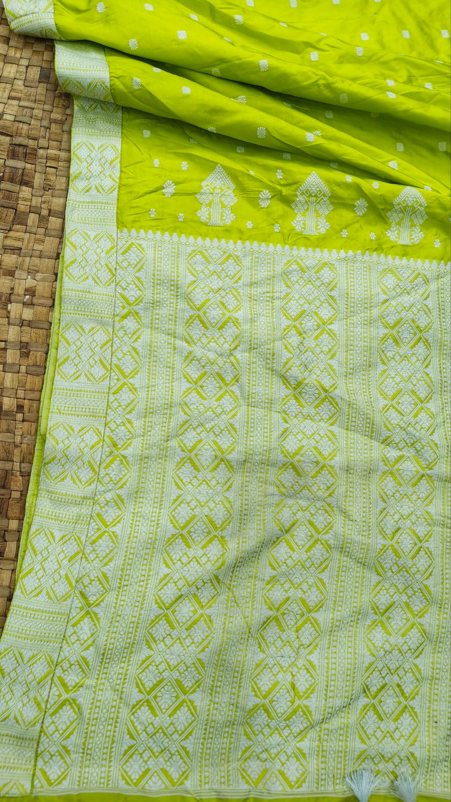 Olive Green Pure Mulberry Thread Work Assam Silk Saree