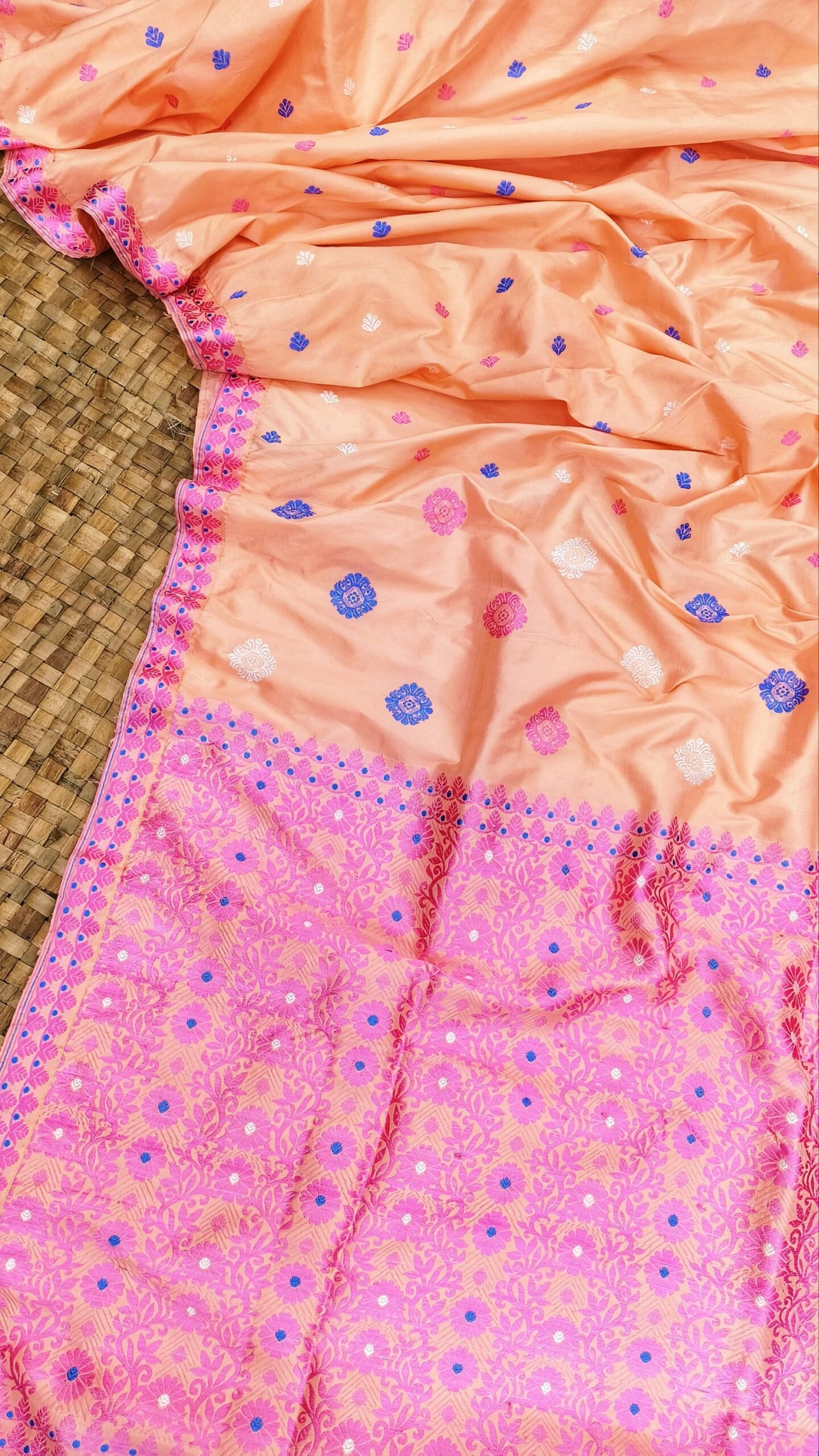 Coral Pure Mulberry Silk Thread Work Assam Silk Saree