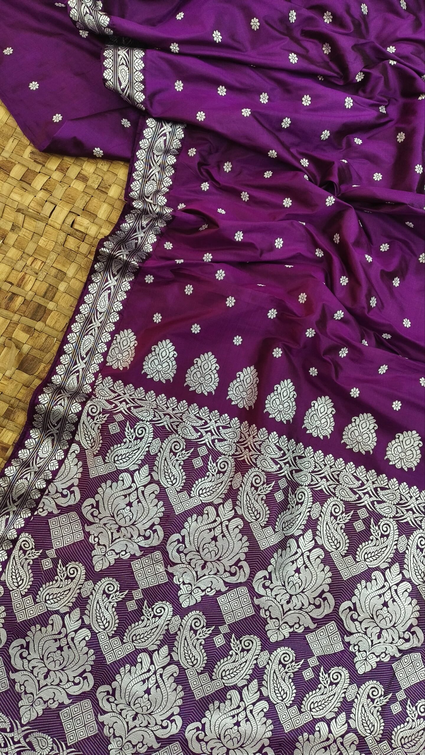 Purple Pure Mulberry Silk Thread Work Assam Silk Saree