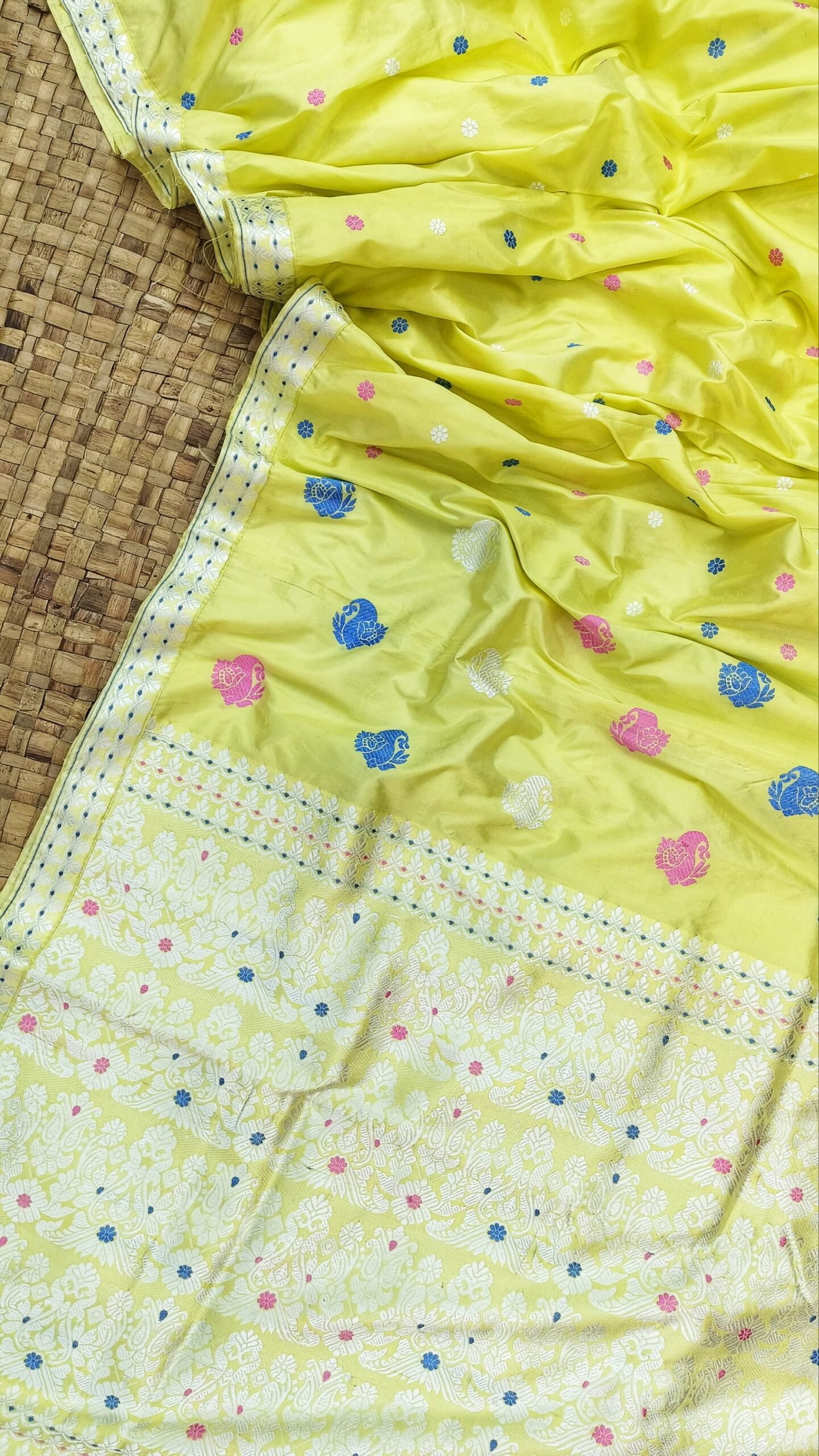 Yellow Pure Mulberry Silk Thread Work Assam Silk Saree