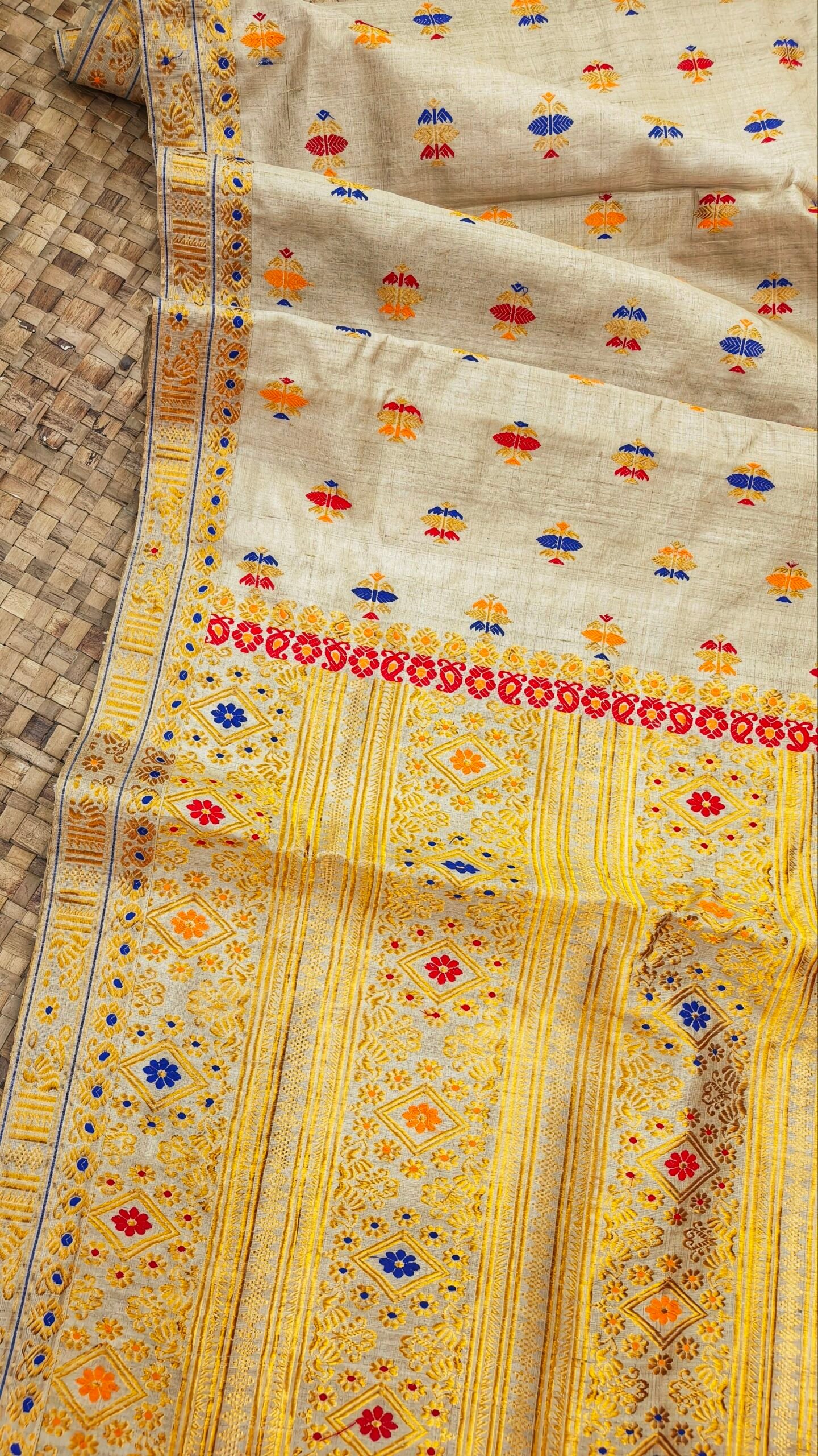 Pure Muga Silk Saree With Golden Zari And Thread Work Assam Silk Saree