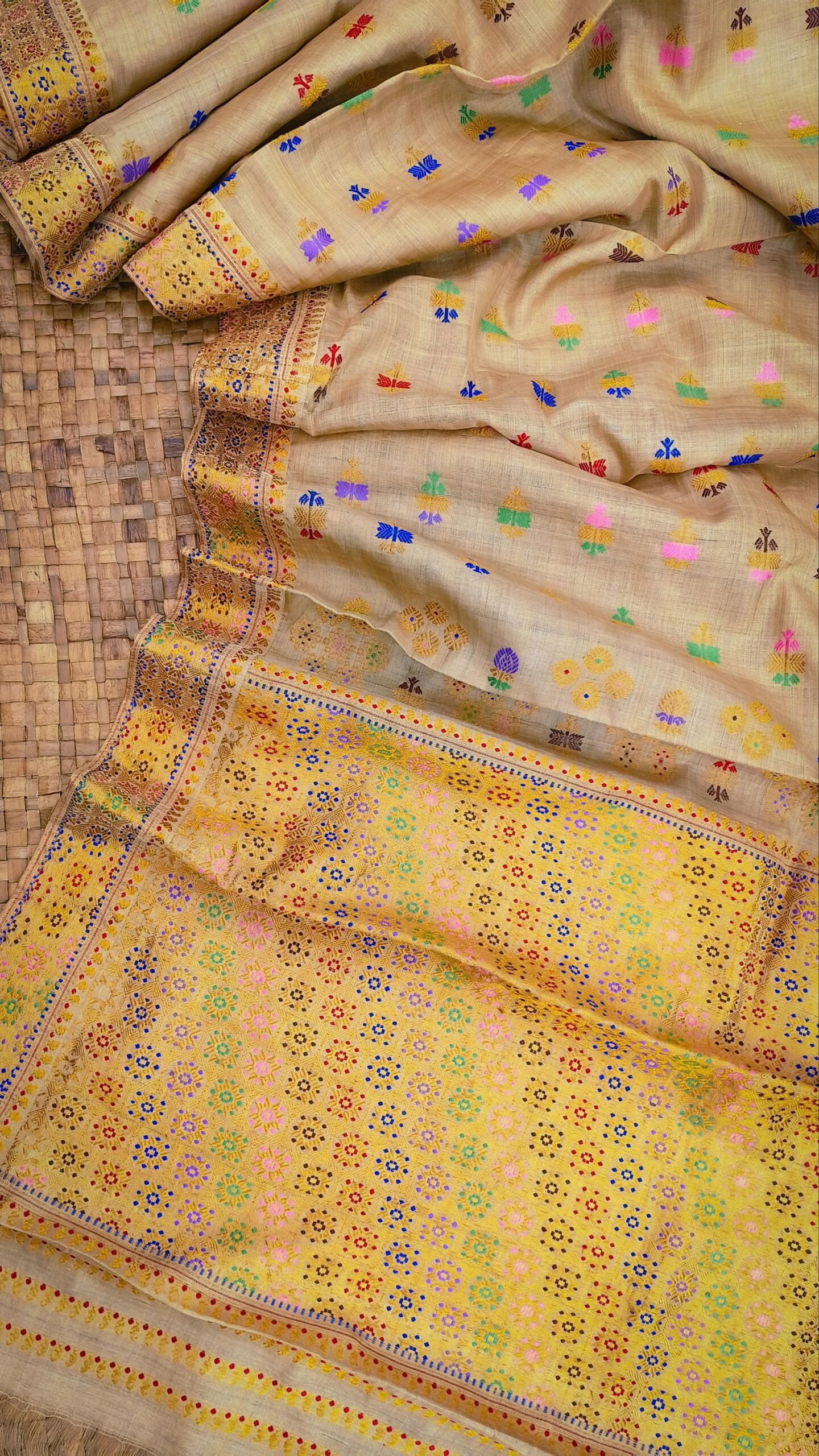 Pure Muga Golden Zari And Multicolour Motifs Thread Work Assam Silk Saree