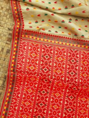 Pure Tussar By Muga Silk Red Thread Work Assam Silk Saree
